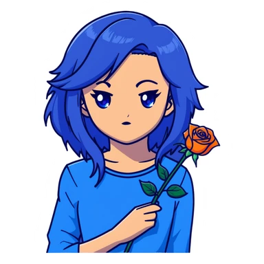 head portrait of anime girl with long dark blue hair, blue rose in hair, intense glaring blue eyes, dramatic JoJo's Bizarre Adventure style expression, sharp angular features, extreme close-up, dynamic pose sticker