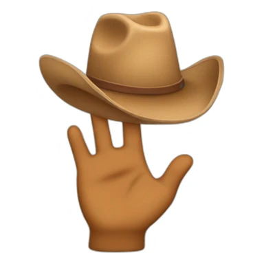 An emoji wearing a brown cowboy hat and waving his hand down the middle of the hat sticker