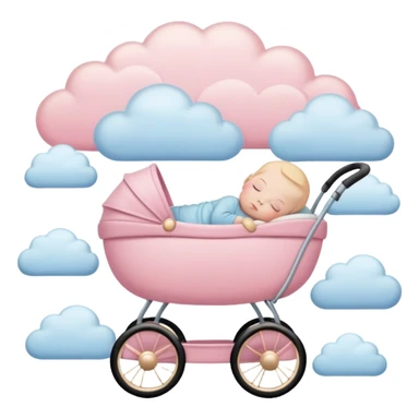sleeping baby with closed eyes in pink and beige stroller with pastel blue clouds around it sticker