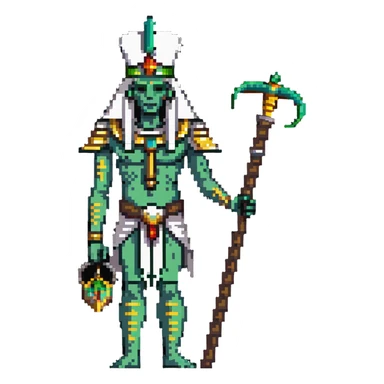 Egyptian god Osiris with green skin, mummified body, white Atef crown with feathers, holding crook and flail sticker