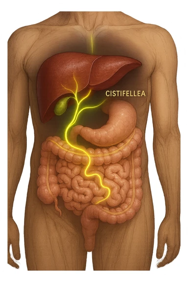 A detailed anatomical illustration-style image focusing on the human torso, highlighting the liver, gallbladder (cistifellea), and intestines. The organs are shown with realistic textures and colors: the liver in deep reddish-brown, the gallbladder as a small greenish sac tucked under the liver, and the intestines in soft pinkish hues. Connecting these organs are glowing, semi-transparent lines or light trails in vibrant colors (e.g., bright yellow or green) that visually trace the functional and physiological links between them. The lines flow smoothly from the liver to the gallbladder and then down to the intestines, symbolizing bile flow and digestive processes. The background is a subtle dark gradient that enhances the brightness and clarity of the lines and organs. The style is a blend of medical illustration and modern digital art, clear, precise, and visually engaging sticker