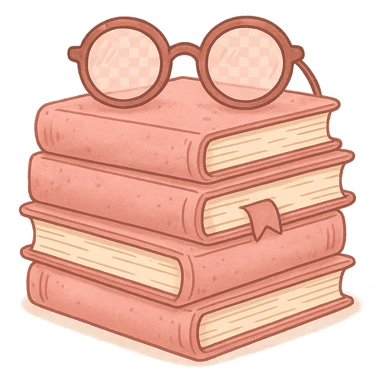 pink cozy stack of books with reading glasses, warm and inviting sticker