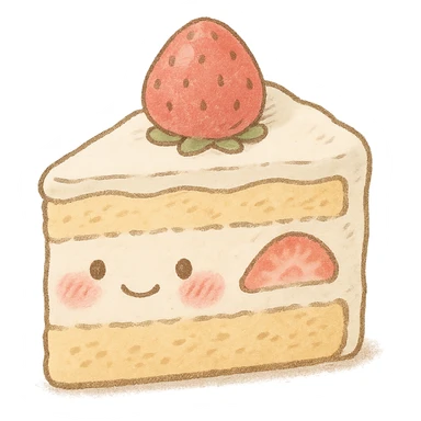 kawaii strawberry cake slice, soft pastel Japanese hand-drawn style, full object, transparent background, with blushing cheeks sticker
