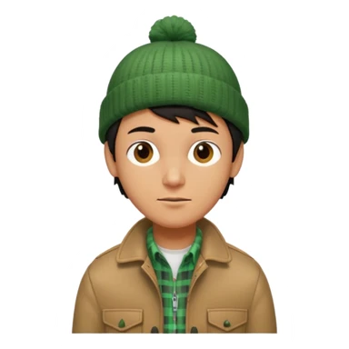 young man with longish black Beatle haircut, brown eyes, tan complexion, green beenie hat, tan jacket, checked shirt , pork chop sideburns sticker