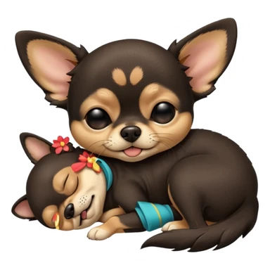 A high-resolution photo-realistic digital illustration of a cute black and tan chihuahua with eyes closed shut sleeping lazily on the ground sticker