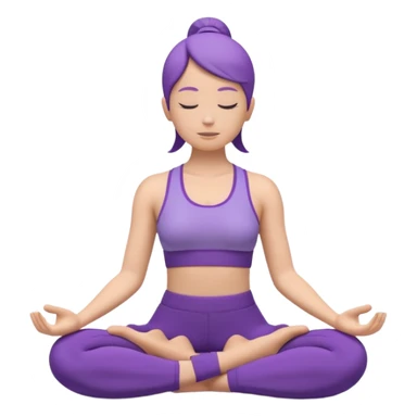 Modern premium 3D emoji icon: faceless gender-neutral person meditating (cross-legged) in sporty activewear, smooth rounded shapes, matte + subtle gloss, top-left studio light, soft shadow, faint halo aura. Purple outfit with a mint (or warm peach) accent. Centered, transparent background, no tex sticker