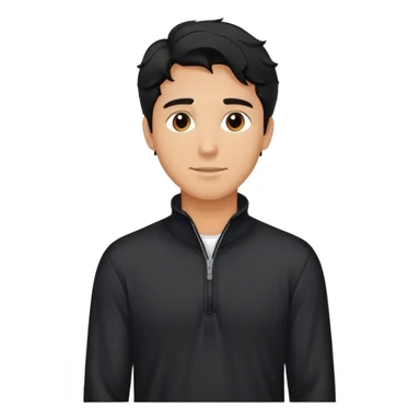 Relaxed fit black quarter-zip shirt on man with wavy black hair, not form-fitting sticker