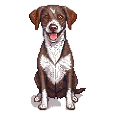 Make the German shorthaired pointer sit in the same position as the cartoon style reference, with a big smile, keeping the pixel art style. sticker