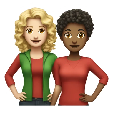 two friends: a curly-haired woman with dark hair in red clothing and a blonde in green sticker