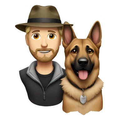 white male with beard and a hat alongside a german shepherd  sticker