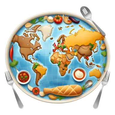 Icon for Culinary Tourism: a world map with food elements like a fork, knife and dish, surrounded by iconic dishes from various countries. The icon should represent the exploration of global cuisines and travel experiences. Transparent background. sticker