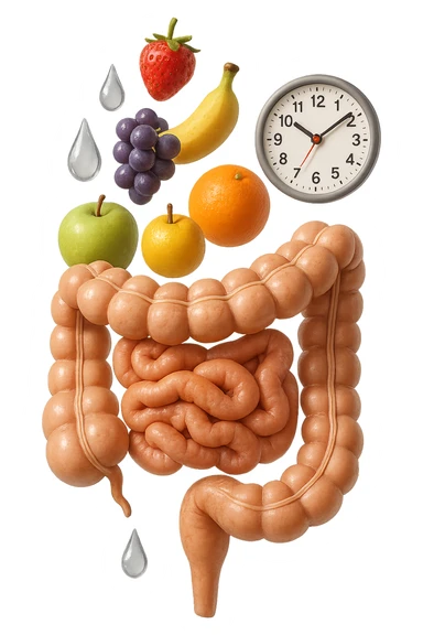 frutta mista cade dall'alto verticalmente insieme a 3 gocce di acqua 3d e un orologio da parete, davanti a questi elementi c'è un intestino umano anatomico iperrealistico sticker