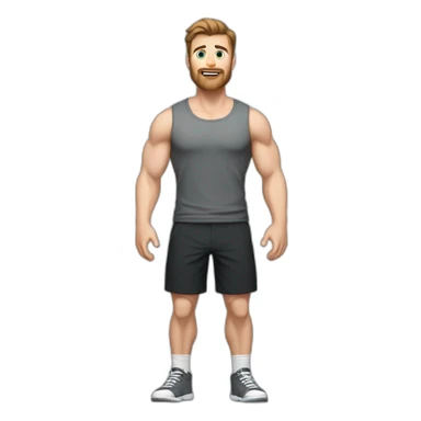 Full height Actively gesturing with hands Pale skinned Fit Man With the biceps and brown hair in dark gray Sleeveless Mike, black oversize sports shorts, watch and white Sneakers sticker
