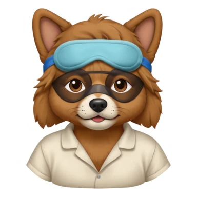 a dog with sleep mask and wearing shirt sticker