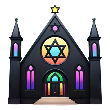 jewish synagogue temple in dark goth aesthetic style with black building and light rainbow tint glass windows and star of david and celestial symbolism sticker
