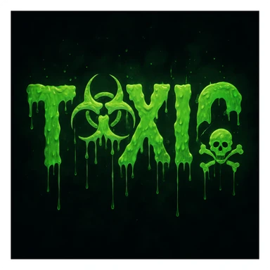 the word 'toxic' visually represented with green slime, hazard symbols, and a sense of danger in a distinct style sticker