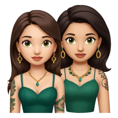 pretty bratz genmoji that looks like tamannah bhatia (bollywood actress), wearing a dark green sweetheart neckline top, dark brown hair, light makeup, no necklace, dangly earrings, side hair part, dark brown eyes, with full tattoos and neck tattoo big sticker