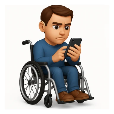 Show the man with his legs visible in the modern wheelchair, keeping the 3D emoji style and the hearing aid visible. sticker