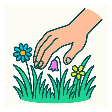 a hand caressing grass and wildflowers, flat 3D icon, neon colors, white background sticker
