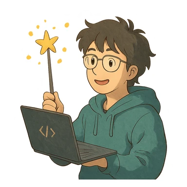 ghibli style developer with a magic wand, whimsical atmosphere sticker
