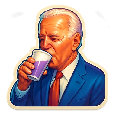 Joe Biden drinking a purple liquid from a white cup sticker
