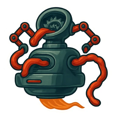 hovering robot. stuffs material into large hole on its top with 2 arms. no head. hole is where a head would be. spinning gears and blades in hole grind material.  3/4 view. between realism and cartoon. well lit. no dramatic lighting. metallic shiny robot. works diligently. drake humor sticker