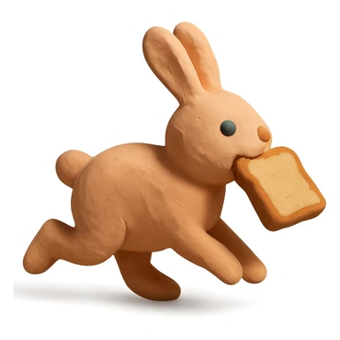 peach bunny running with toast in mouth, claymation style sticker