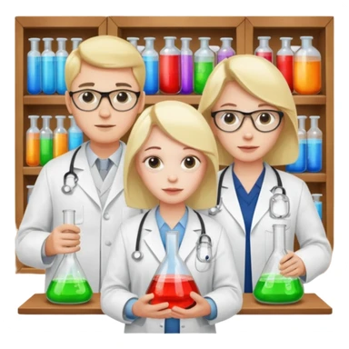 The team of three scientists is waist-deep, surrounded by chemical flasks and books sticker