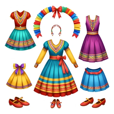 Icon for Folk Dance: close-up traditional dance dress, shoes, colorful folk costumes and a dance circle with ribbons. The icon should represent the vibrant and cultural aspects of folk dancing. Transparent background. sticker