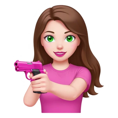mid sized white skinned girl with green eyes and long brown hair aiming a pink pistol smiling maniacally in a pink t-shirt with pink lips sticker