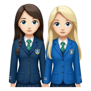 a pretty ravenclaw girl with long dark brown hair and blue eyes standing with a hot Slytherin girl with long blonde hair, blue eyes and big boobs  sticker