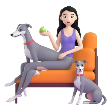 Very thin Chinese woman with long black hair relaxing in a luxurious hotel suite with exactly ONE whippet dog. EXTREME IMPORTANCE: the whippet must be ONE SOLID MEDIUM GREY COLOR (not too dark, not too light) from nose to tail with ABSOLUTELY NO WHITE MARKINGS anywhere - NO white on face, NO white on muzzle, NO white on chest, NO white on paws, NO white on tail - NOTHING BUT A SINGLE SHADE OF MEDIUM GREY throughout the entire animal sticker