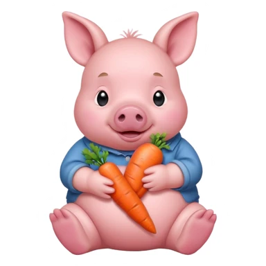 Baby Sitting Piglet – chubby piglet sitting down holding a toy carrot sticker