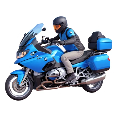 blue BMW RT1200 touring motorcycle with rider on open road sticker