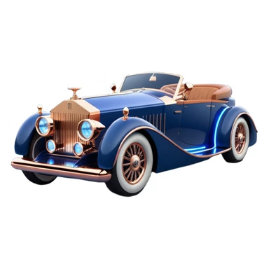 dark blue led lights on a streamlined hot rodded delicately inlaid rose gold and wood accentuated sporty 1889 Rolls Royce with futuristic electric spaceship plasma neon glowing motors and lightening dynamos with wide racing wheels that are held strong by advanced suspension and steering sticker
