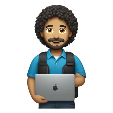 no glasses, Mexican school IT technician with apple laptop and with curly hair and mustache and beard  sticker