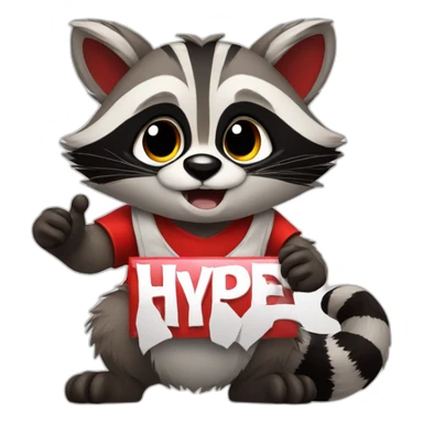anime raccoon holding a sign that reads "hype" in red font sticker