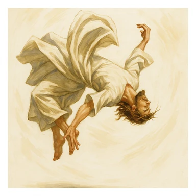Jesus mid-air in a backflip, robe flowing, energetic, minimal background sticker