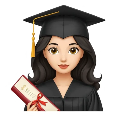 beautiful olive-skinned woman with wavy black hair wearing graduation cap and gown, holding diploma sticker