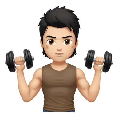 generate a pretty fair bratz boy with a messy mullet (black hair), wearing a brown tshirt. he has big biceps and is ripped. He is holding dumbbells sticker