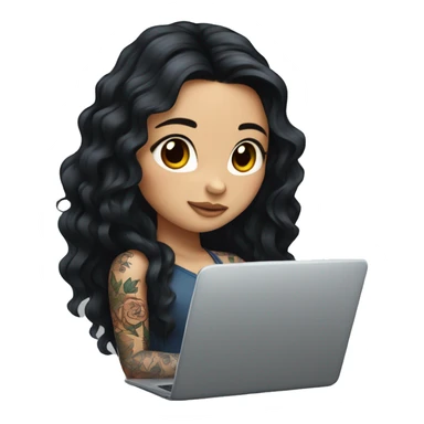 beautiful girl, with arm tattoos, with long black hair, wavy hair, chinese, with laptop sticker
