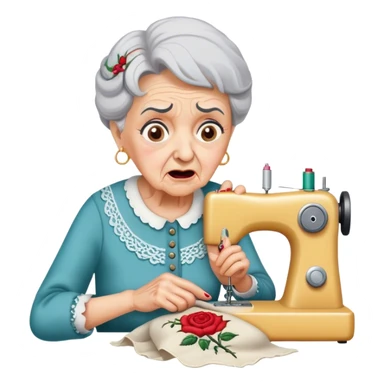 "Grandmother pricks finger sewing rose embroidery, shocked, pain, surprised, distressed. sticker