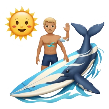 marine style emoji with waves, whale, male shirtless surfer, summer atmosphere with sun and warm  sticker