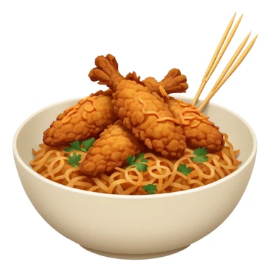 iOS-style minimal food emoji of a rice bowl with crispy fried chicken tenders, fried onions, sweet-and-sour sauce, and parsley garnish, smooth shapes, vibrant natural colors, clean vector-like rendering, transparent background. sticker