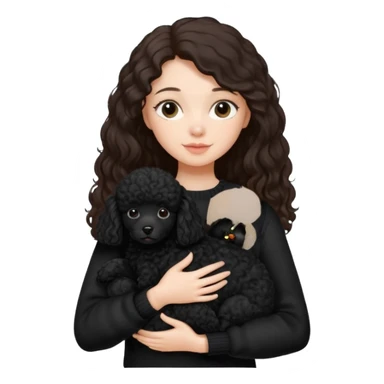 One Brunette girl with long hair in a black sweater holds a single black Poodle puppy in her arms sticker