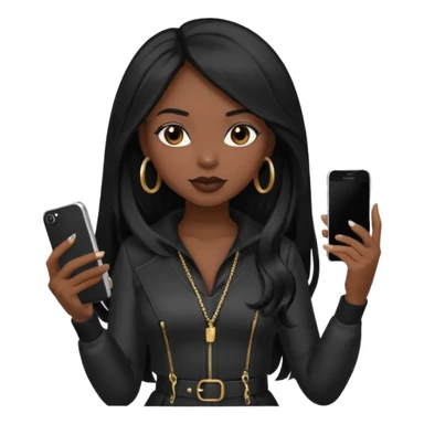 influencer girl black long haired, phone in hand, recording herself, confident, trendy, sticker