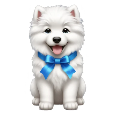Samoyed puppy wearing blue ribbon sticker