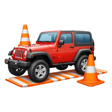 red Jeep Wrangler running over an all-white traffic cone with no stripes or markings, tire contact visible, emoji style sticker