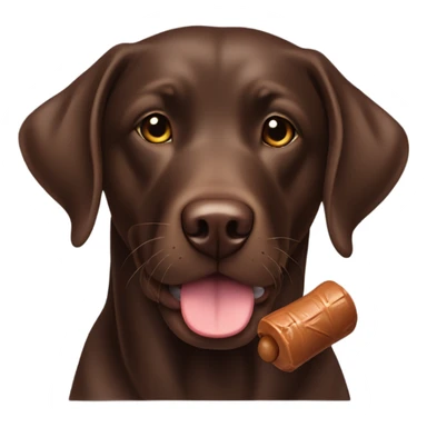 Chocolate lab with a chew toy sticker