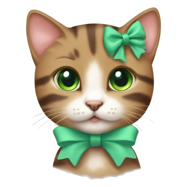 kawaii brown tabby kitten with green eyes and pastel green bow on top of head sticker